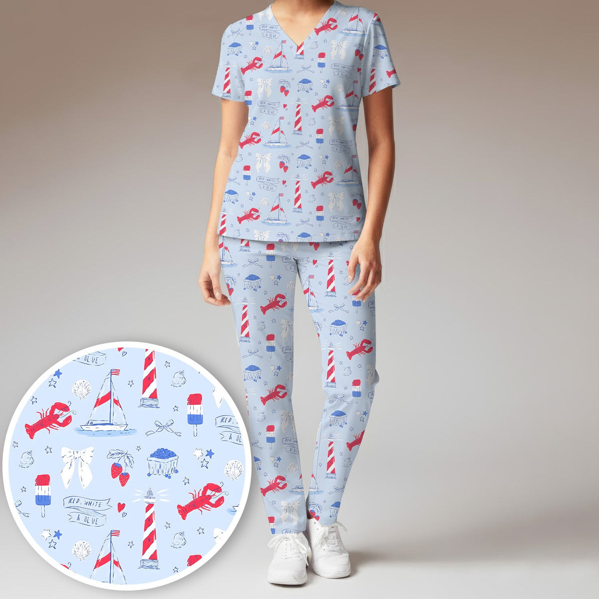 Lobster Lighthouse Sailboat Nurse Scrub Set
