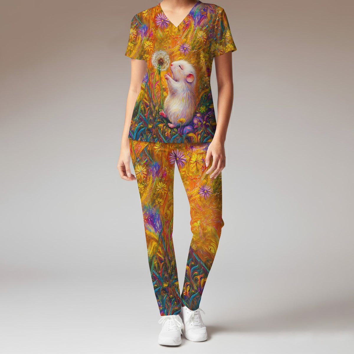 Whimsical Mouse Dandelion Nurse Scrub Set