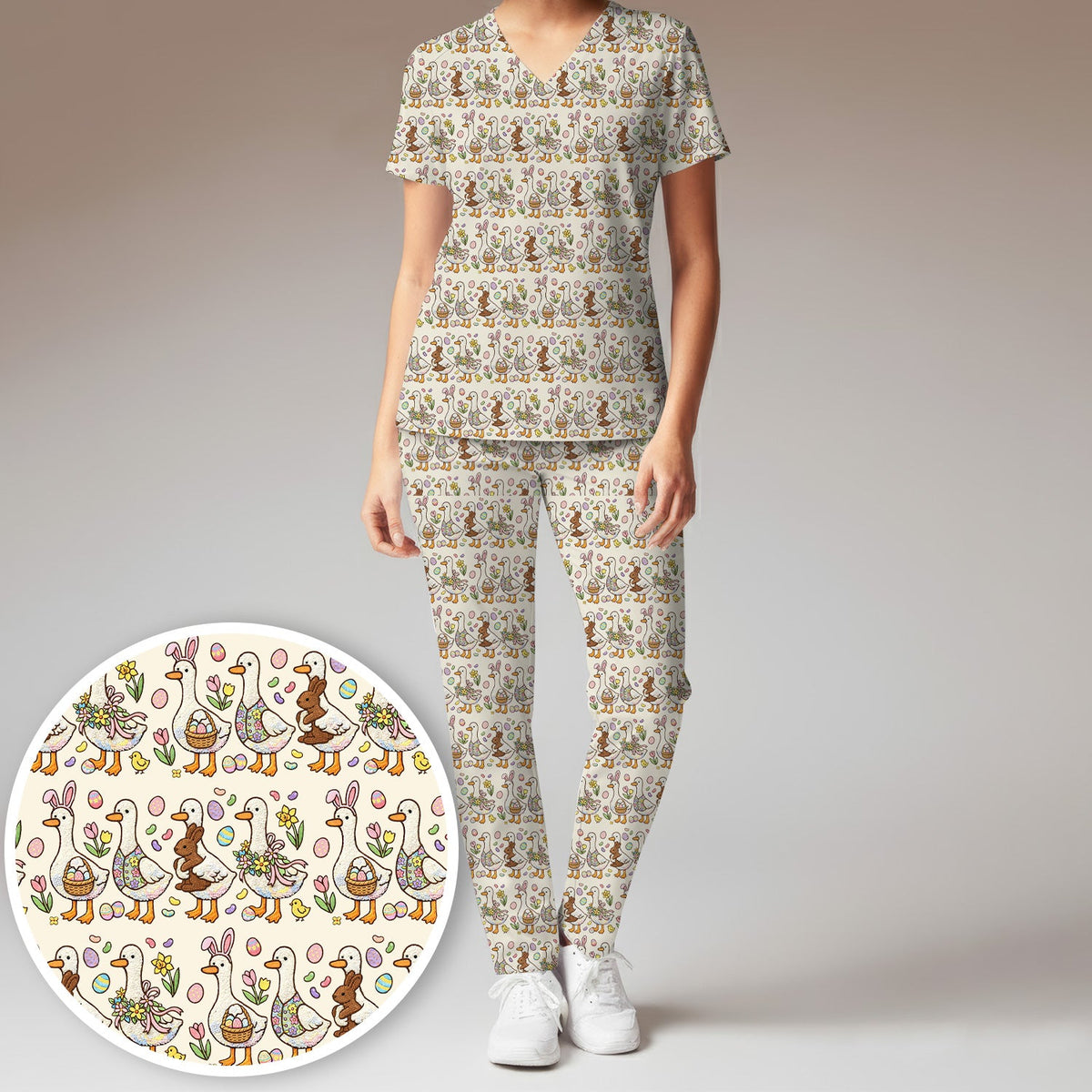 Duck Bunny Egg Floral Nurse Scrub Set - Easter Gift
