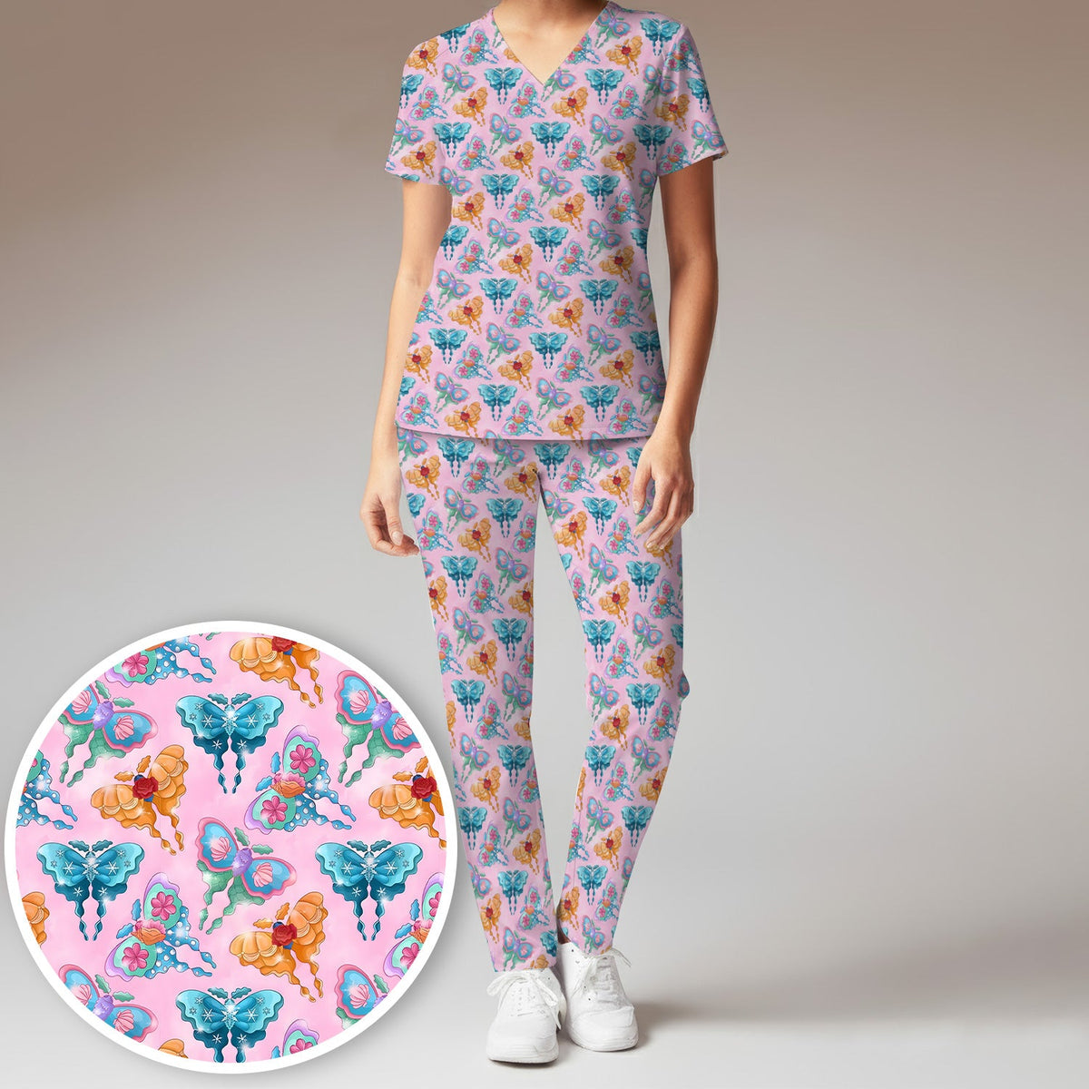 Colorful Butterfly Floral Blossom Nurse Scrub Set