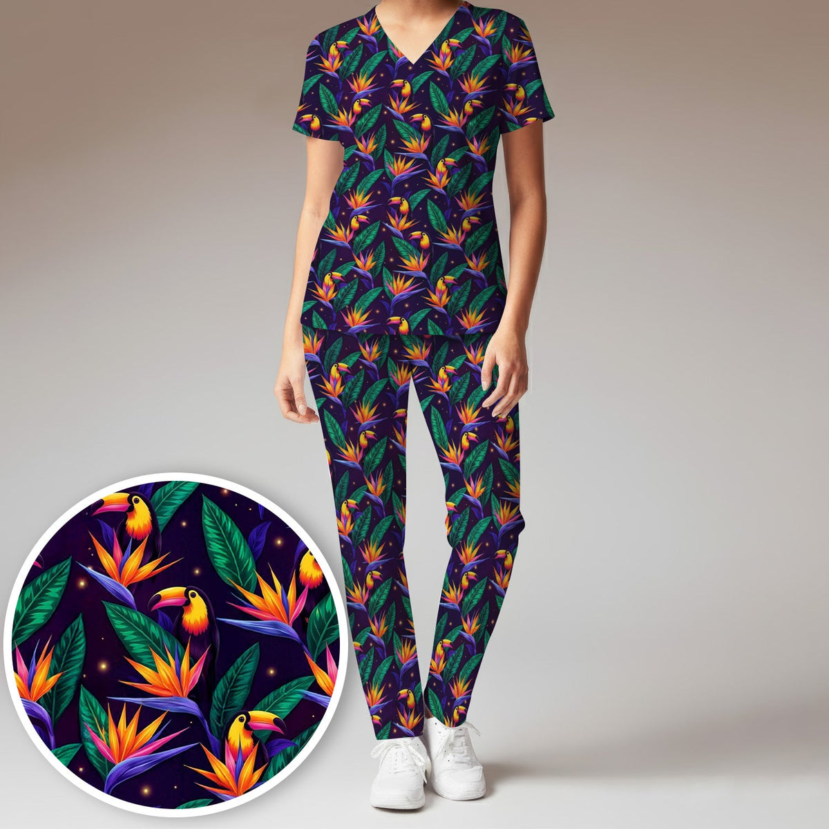 Tropical Toucan Paradise Leaves Nurse Scrub Set
