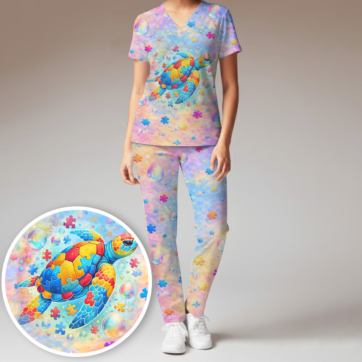 Autism Puzzle Sea Turtle Pastel Rainbow Nurse Scrub Set