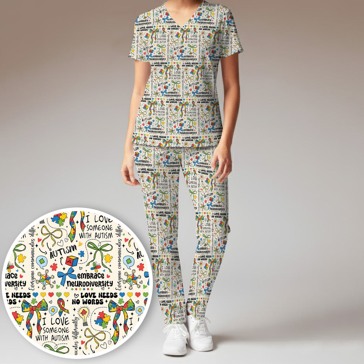 Autism Awareness Puzzle Ribbon Pastel Nurse Scrub Set