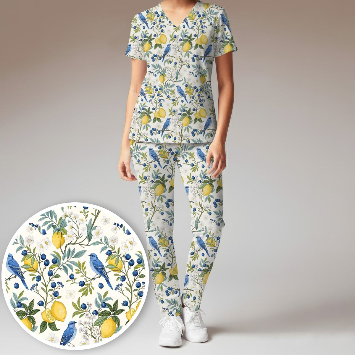 Cute Bluebird Lemon Berry Nurse Scrub Set