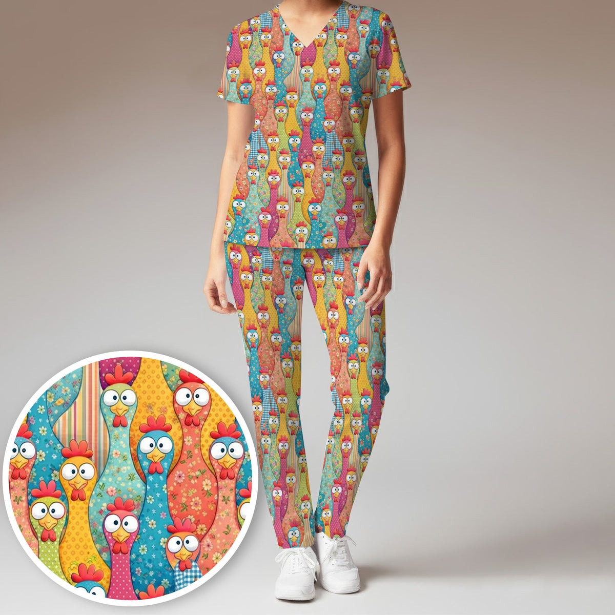 Funny Colorful Chicken Farm Cartoon Pattern Scrub Set, Scrub Pants and V Neck Top