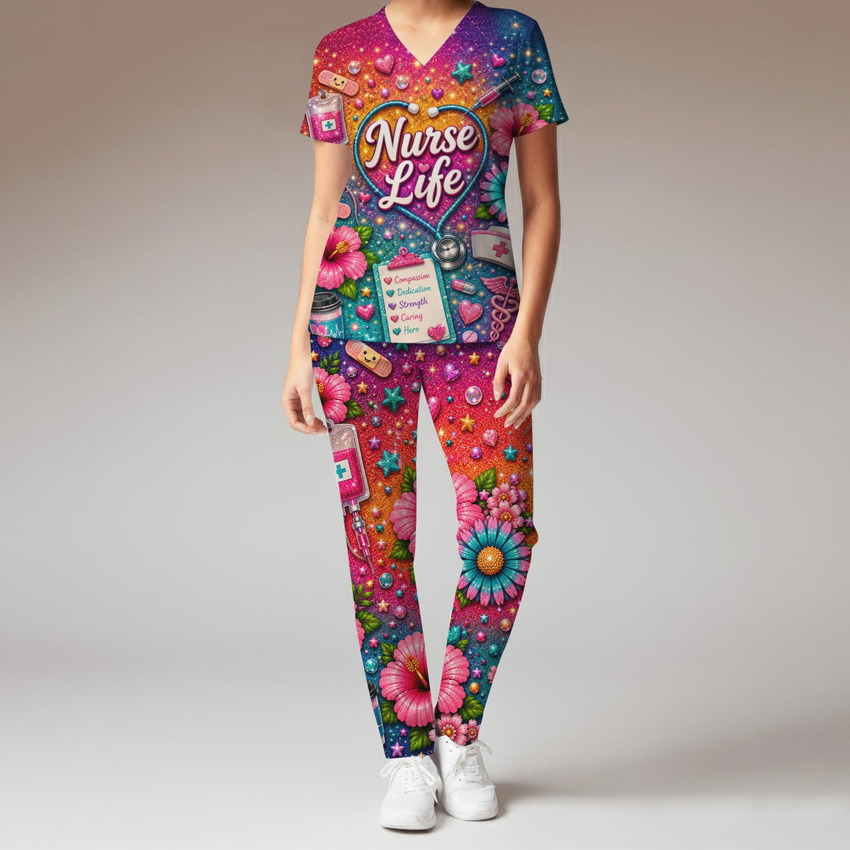 Colorful Nurse Life Heart Scrub Set