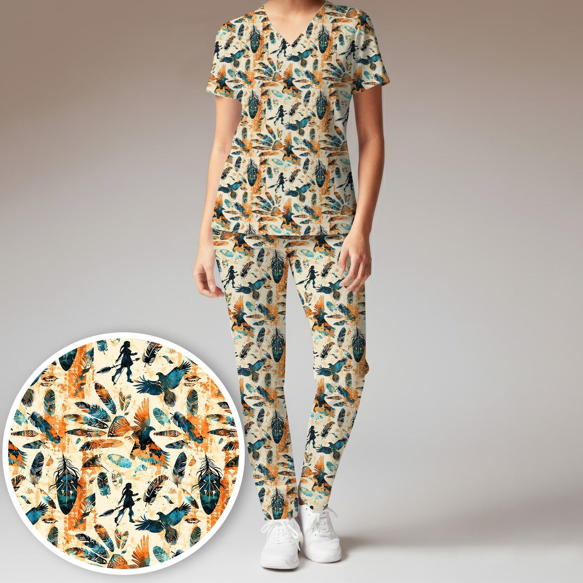Feather Birds Tribal Nurse Scrub Set