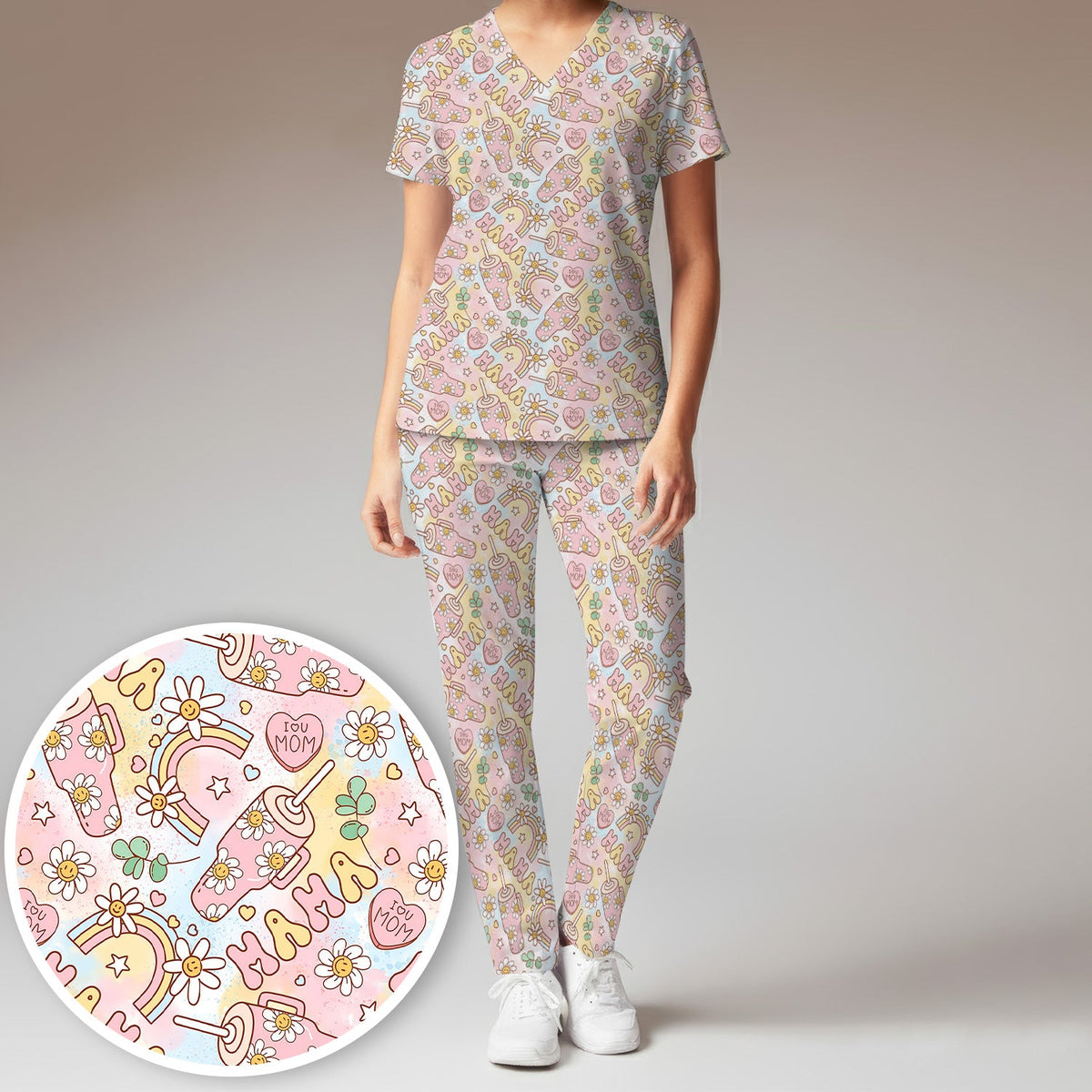 Sweet Nurse Mama Daisy Rainbow Scrub Set