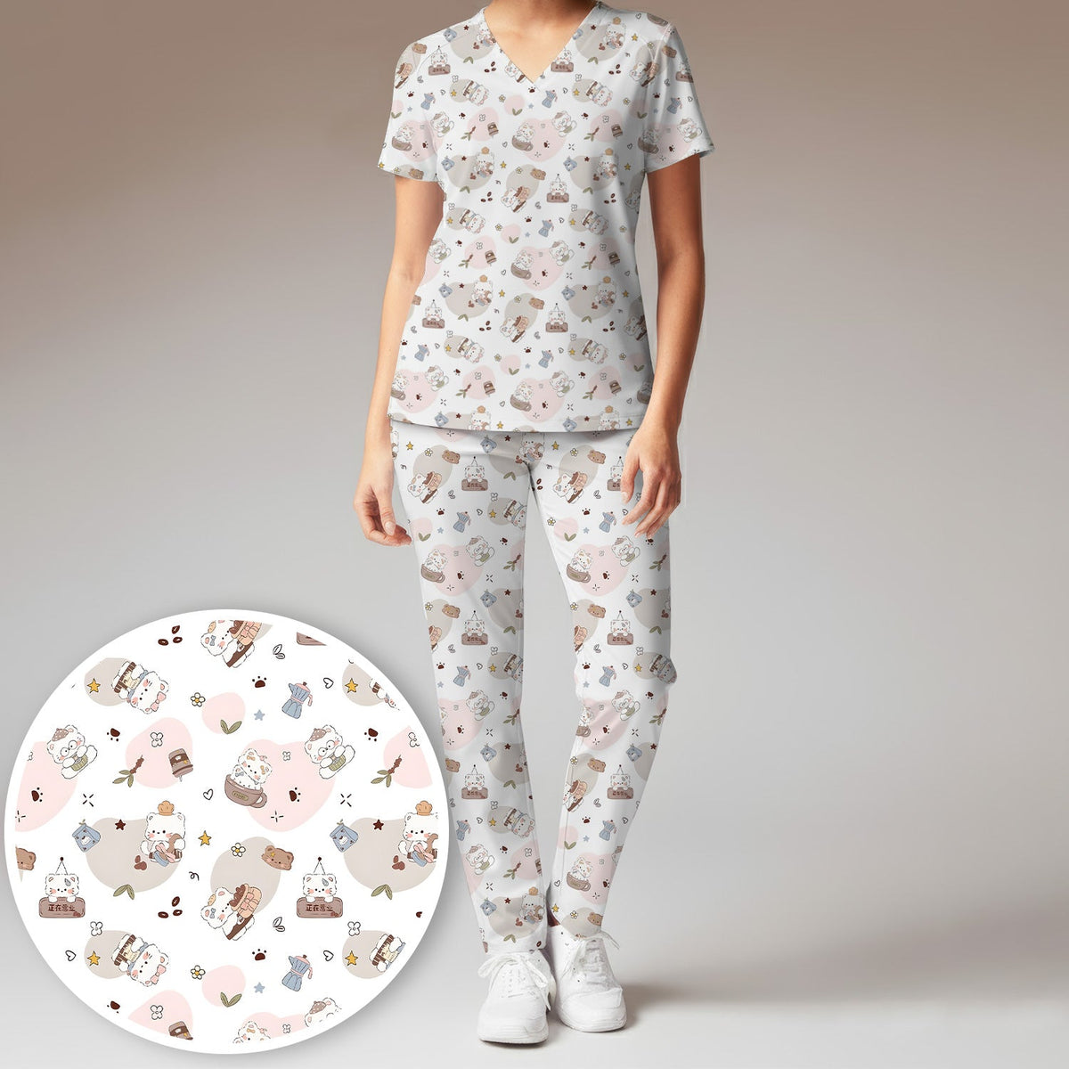 Cat With Coffee Paw Heart Nurse Scrub Set