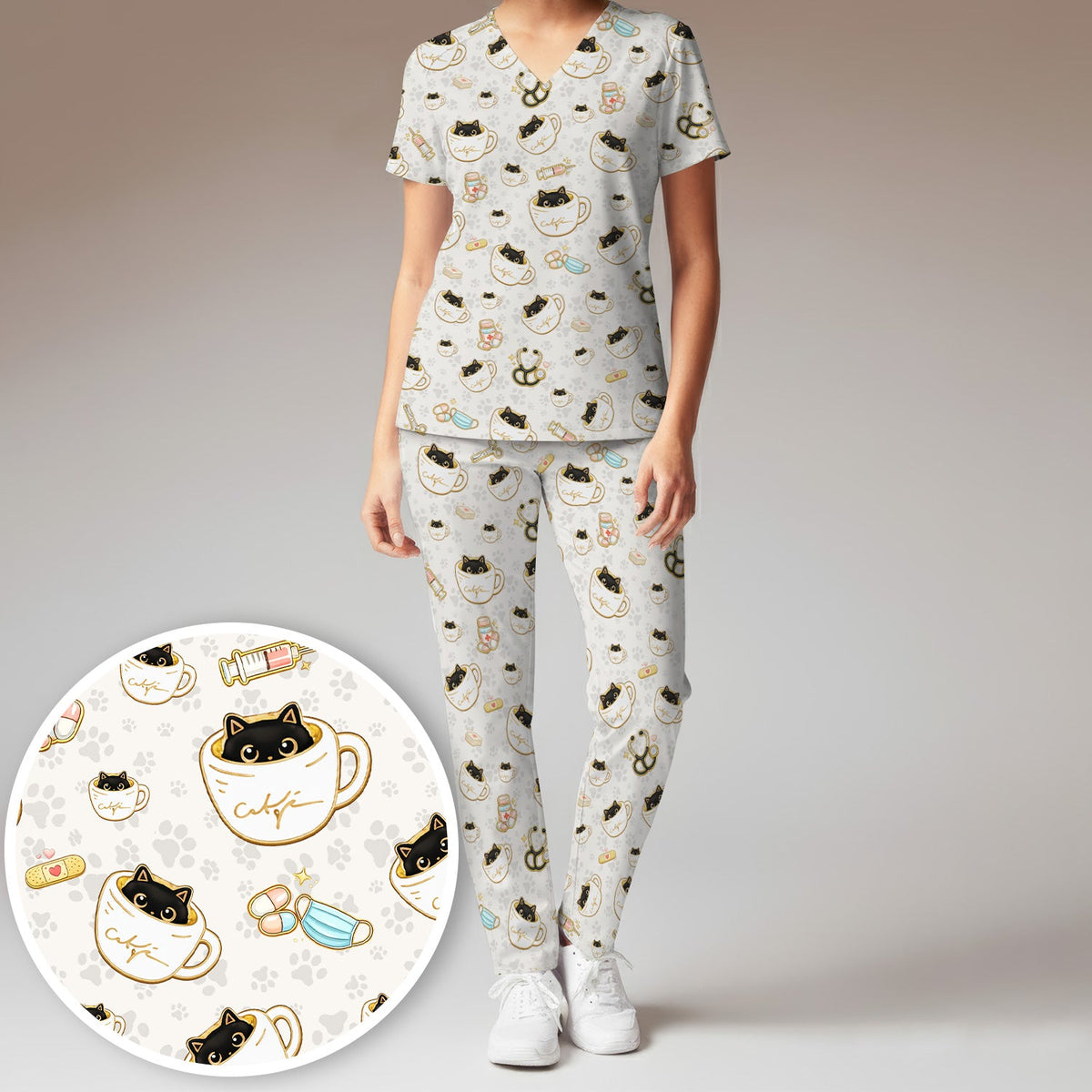 Coffee Cat Nurse Scrub Set
