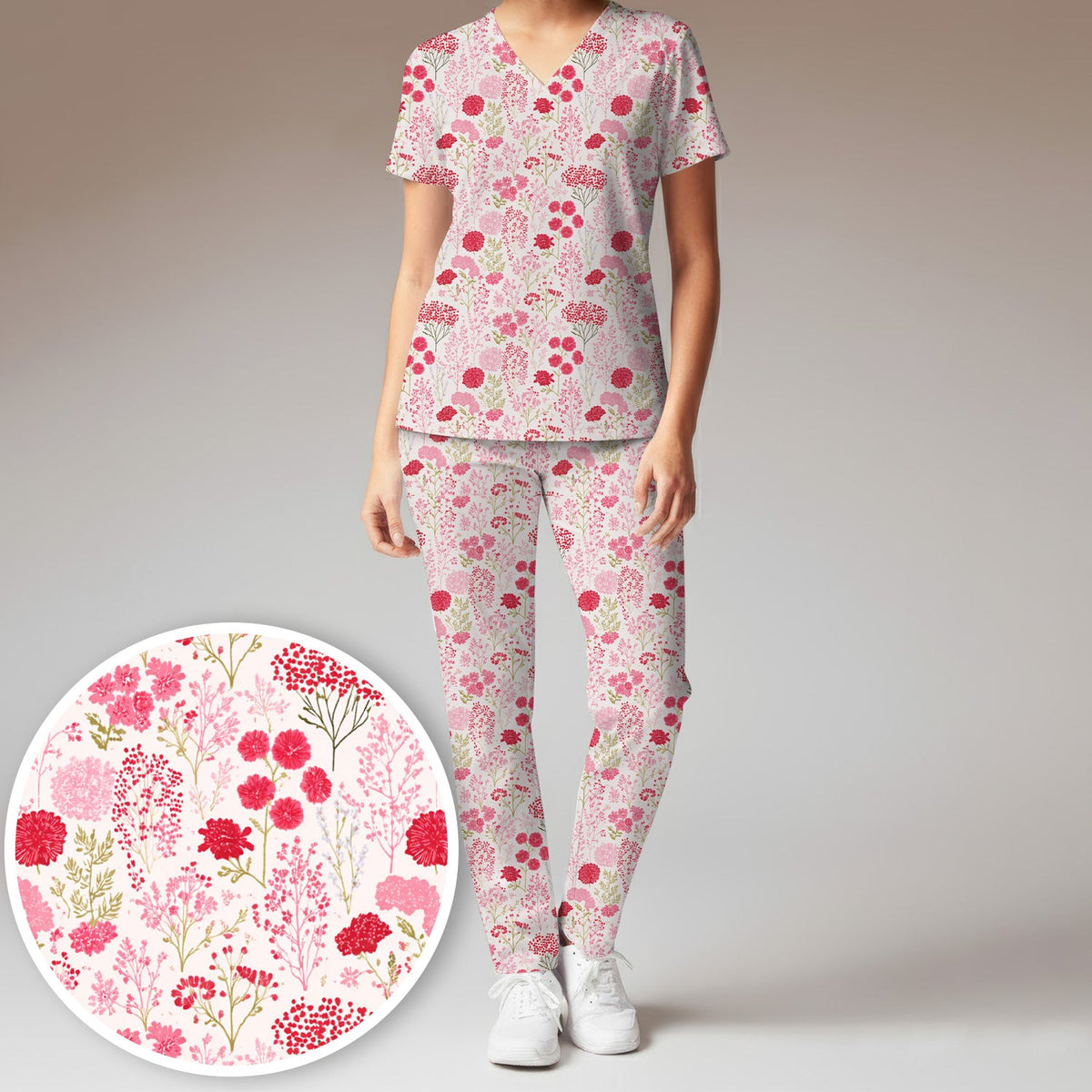 Pink Floral Allover Nurse Scrub Set