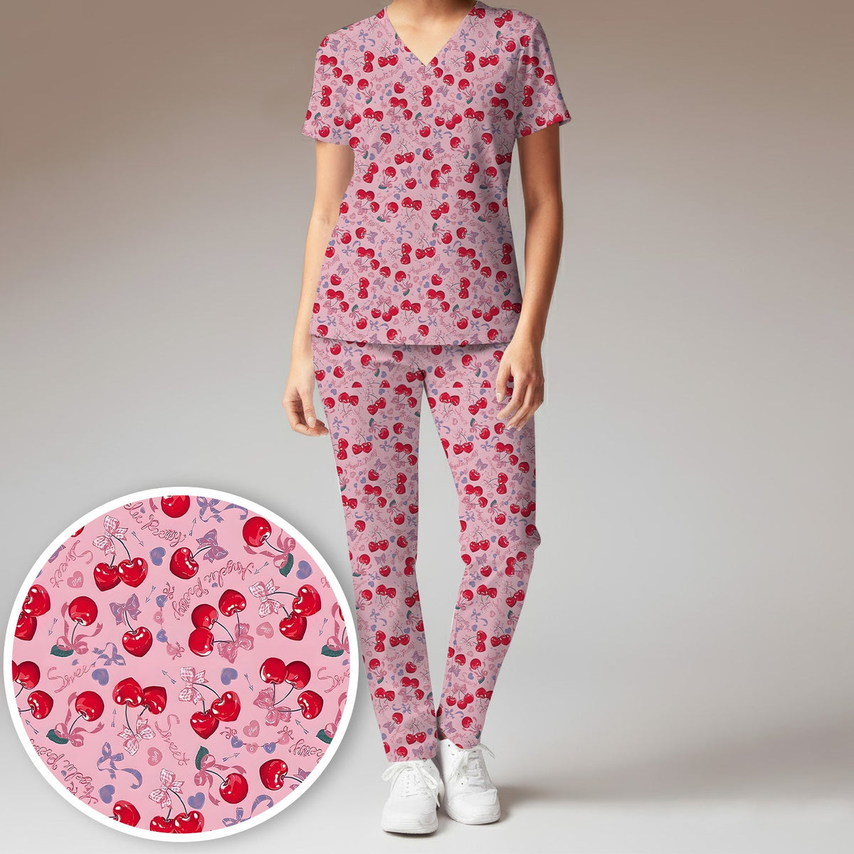 Cherry Blossom Scrub Set, Sweet Pink Nursing Uniform For Women