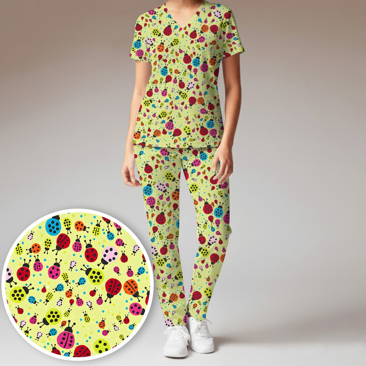 Colorful Ladybug Garden Nurse Scrub Set