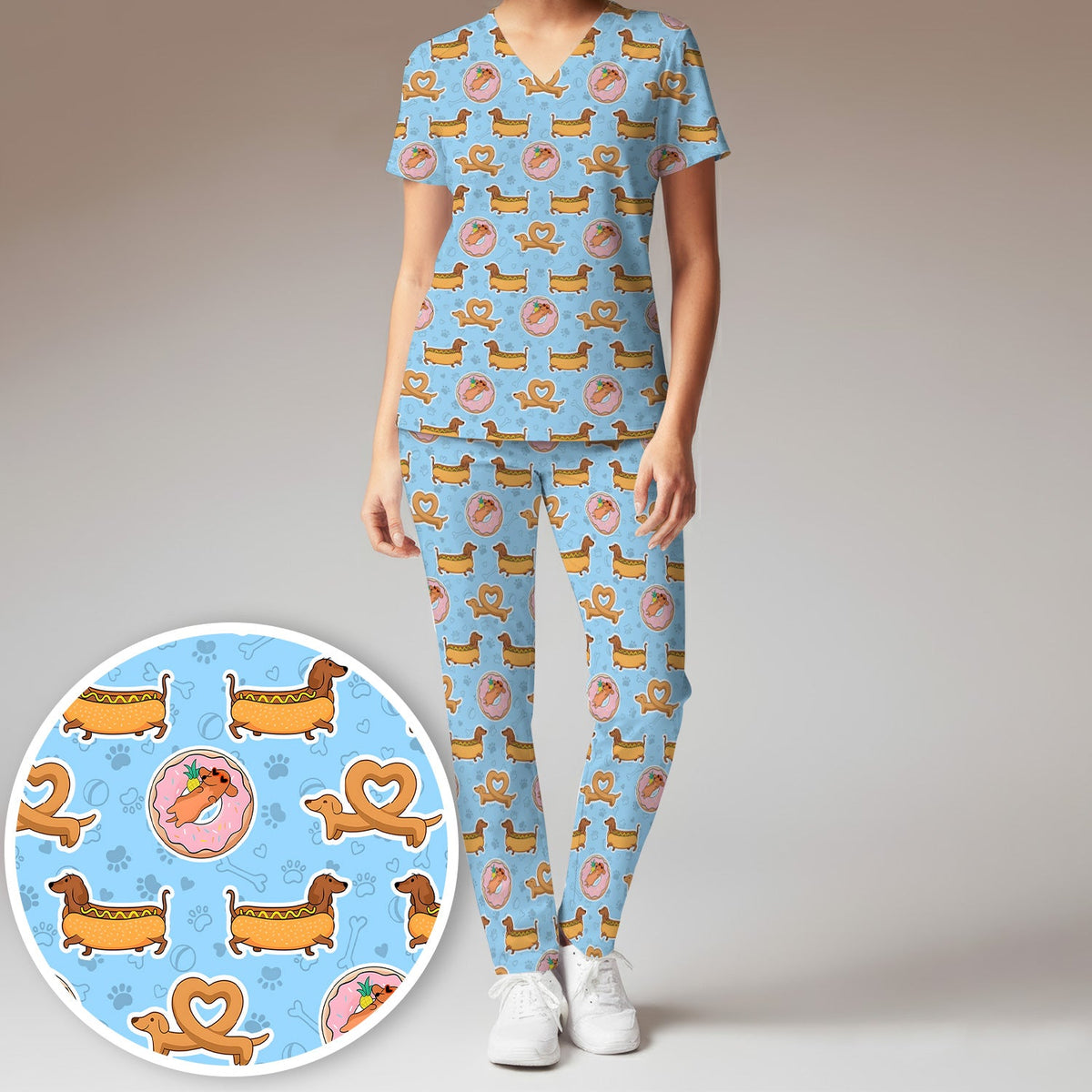 Dachshund Donut Heart Nurse Scrub Set