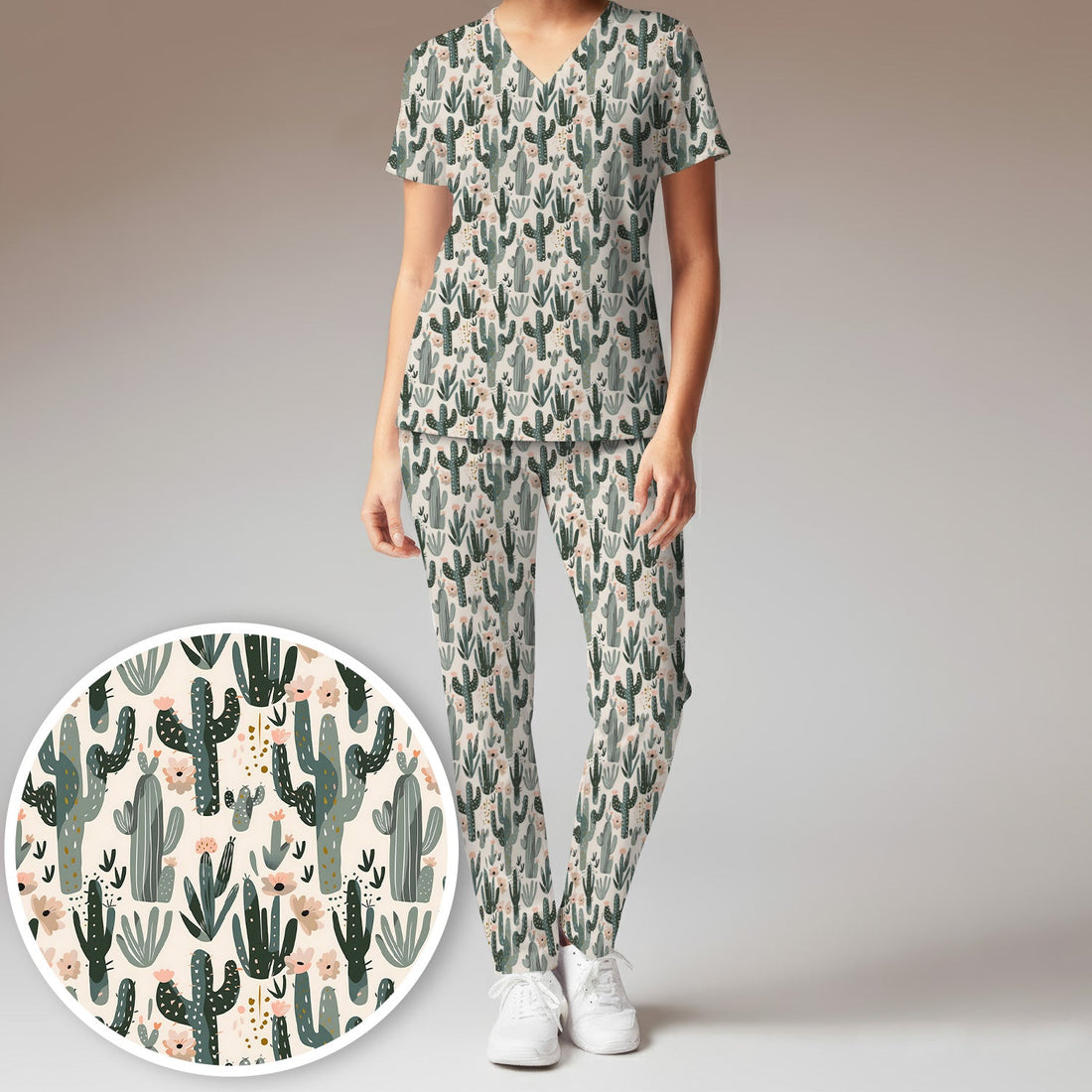 Green Cactus Desert Blossom Nurse Scrub Set