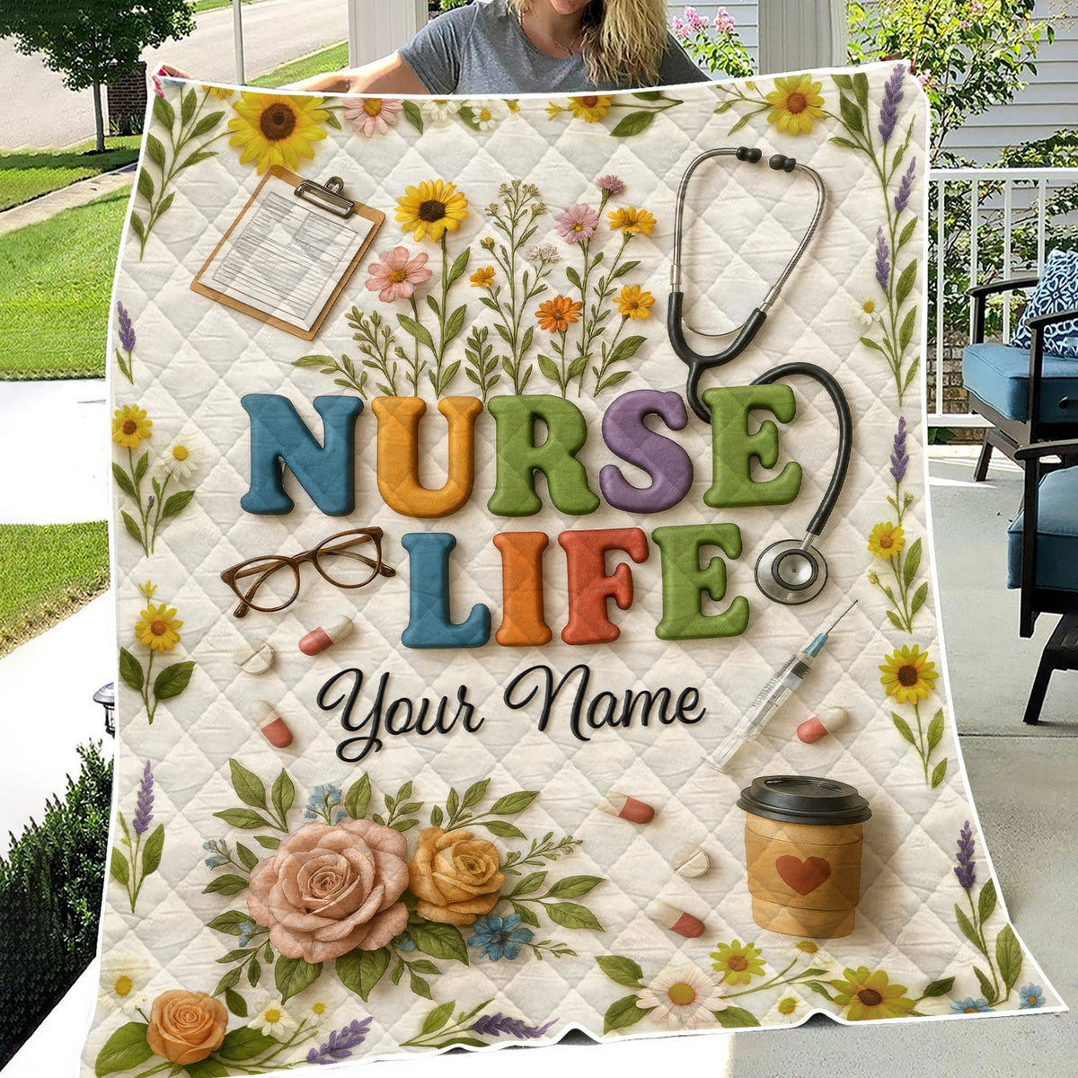 Personalized Stethoscope Pills Flowers Nurse Blanket