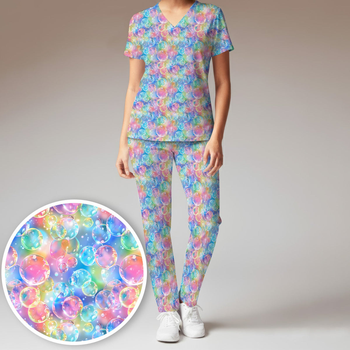 Colorful Floating Soap Bubble Nurse Scrub Set