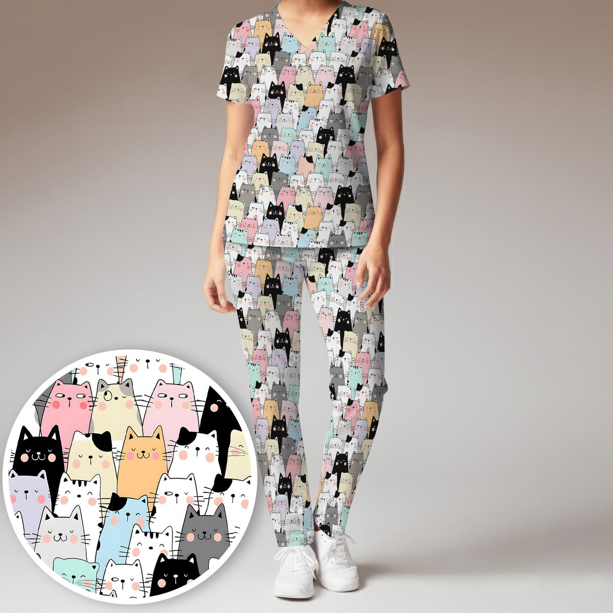 Cartoon Cat Crowd Nurse Scrub Set
