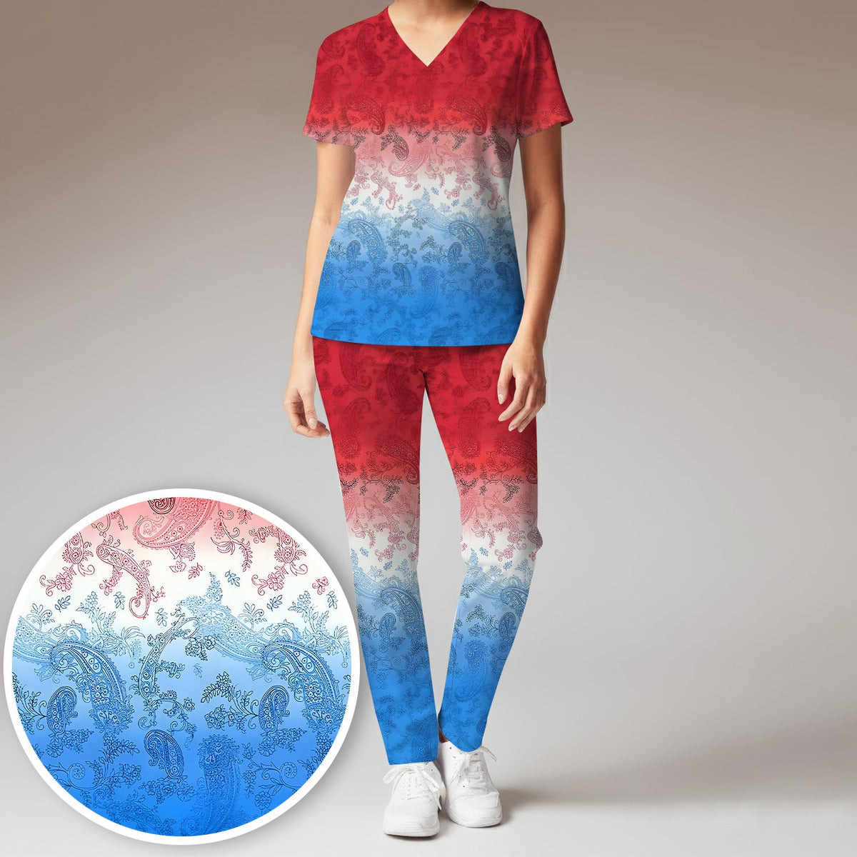 Red Blue Paisley Ombre Nurse Scrub Set