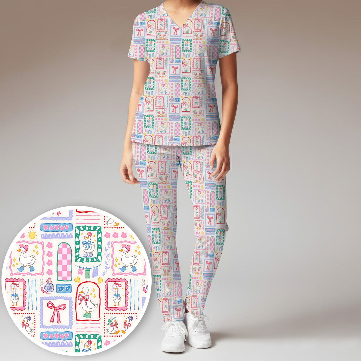 Adorable Goose Ribbon Patchwork Frame Nurse Scrub Set