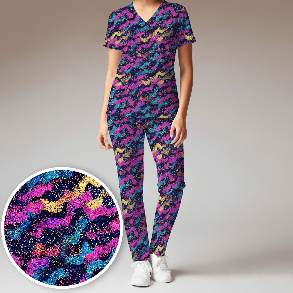 Neon Glitter Galaxy Nurse Scrub Set