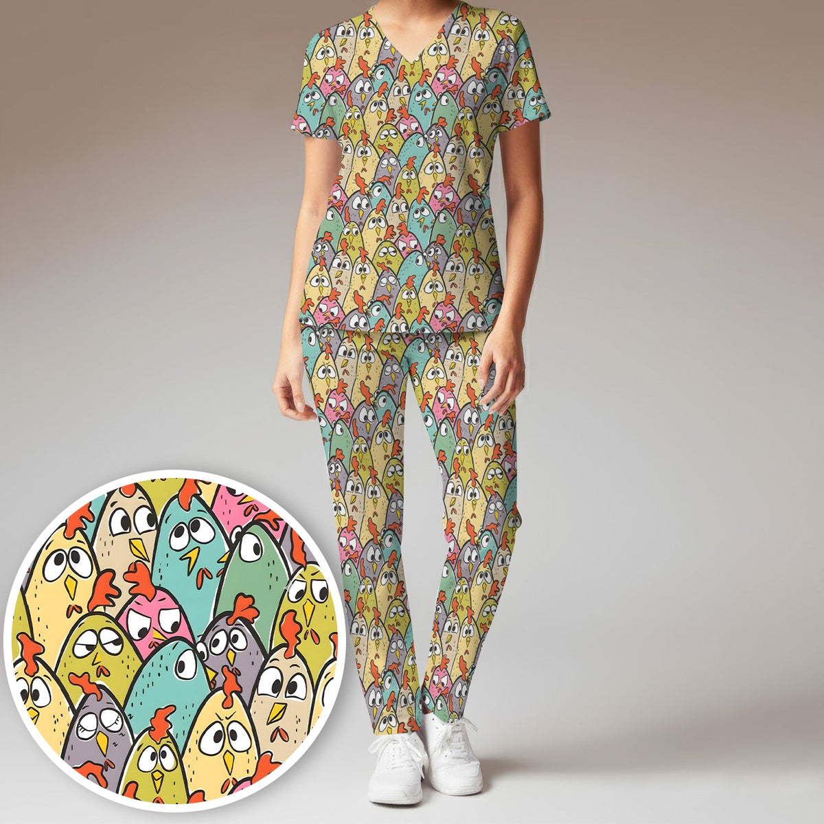 Cartoon Chicken Crowd Nurse Scrub Set
