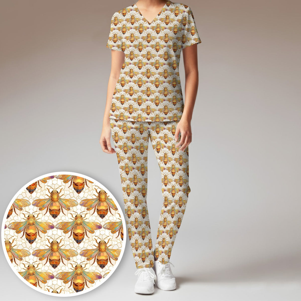 Golden Honey Bee Honeycomb Nurse Scrub Set