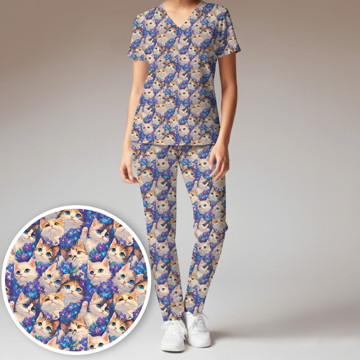 Cute Blue Eyed Kitten Nurse Scrub Set