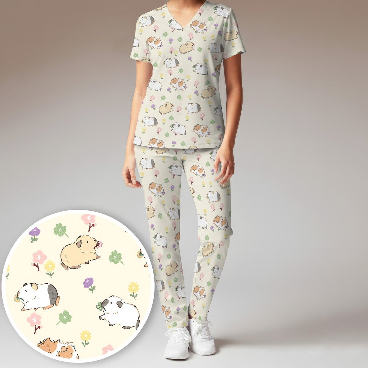 Cozy Guinea Pig Floral Doodle Nurse Scrub Set