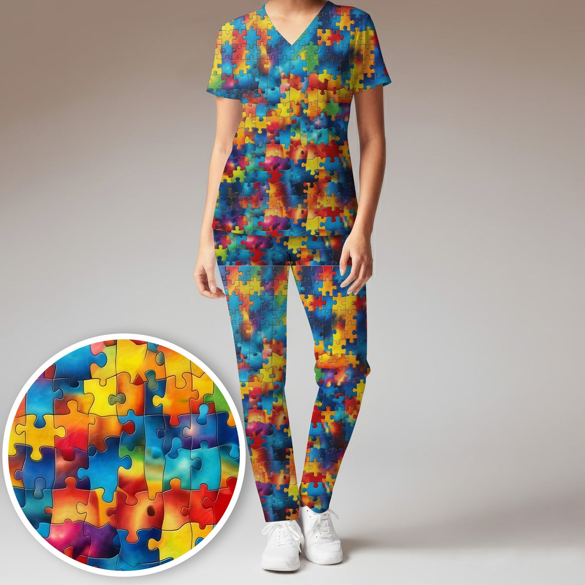 Rainbow Puzzle Piece Nurse Scrub Set