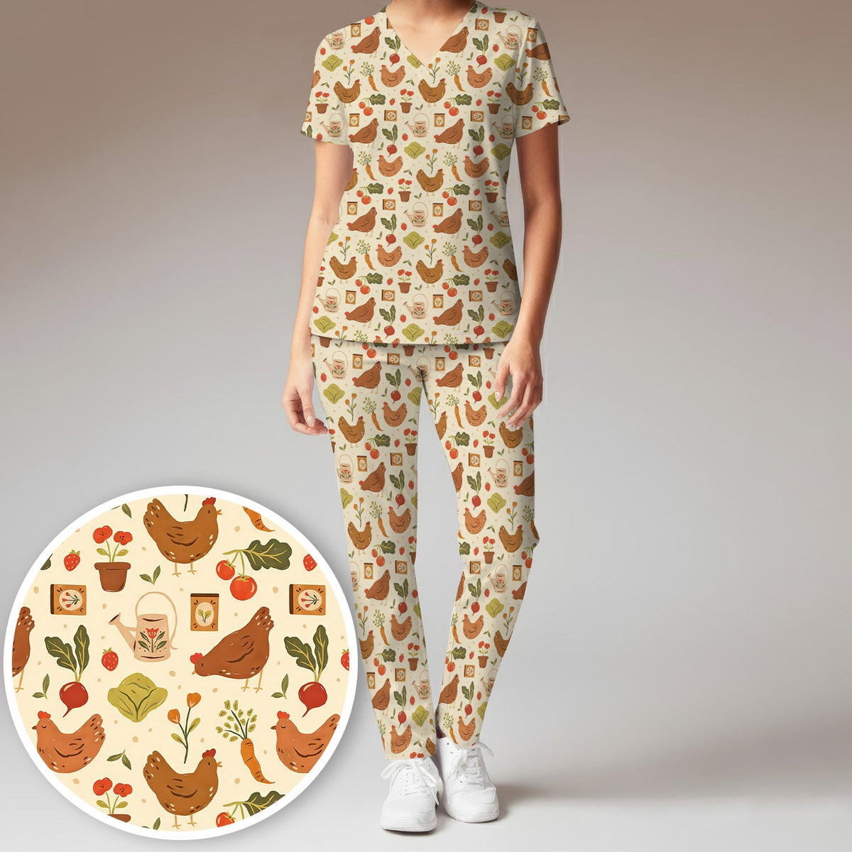 Rustic Farm Chicken Vegetable Nurse Scrub Set