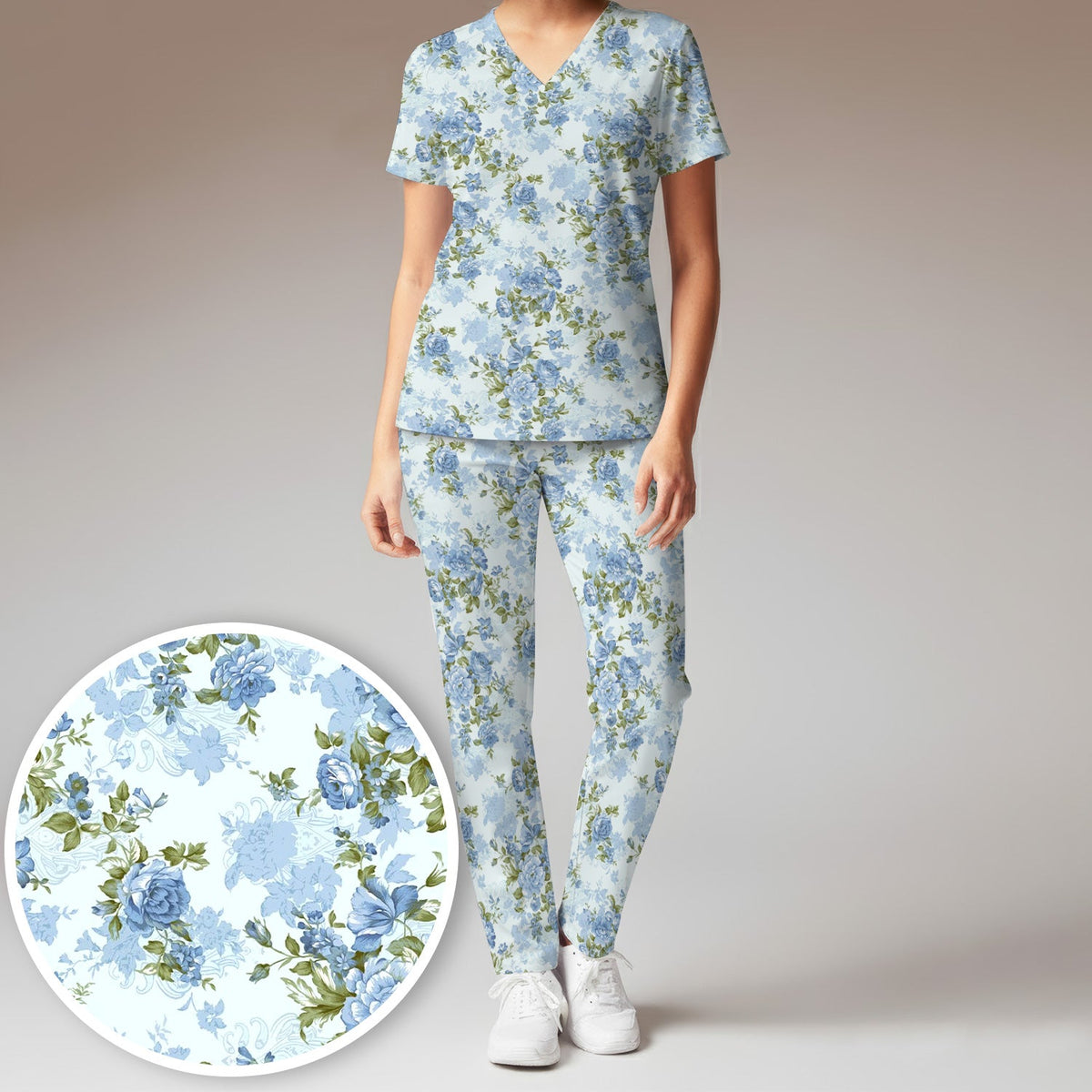 Cute Blue Floral Nurse Scrub Set