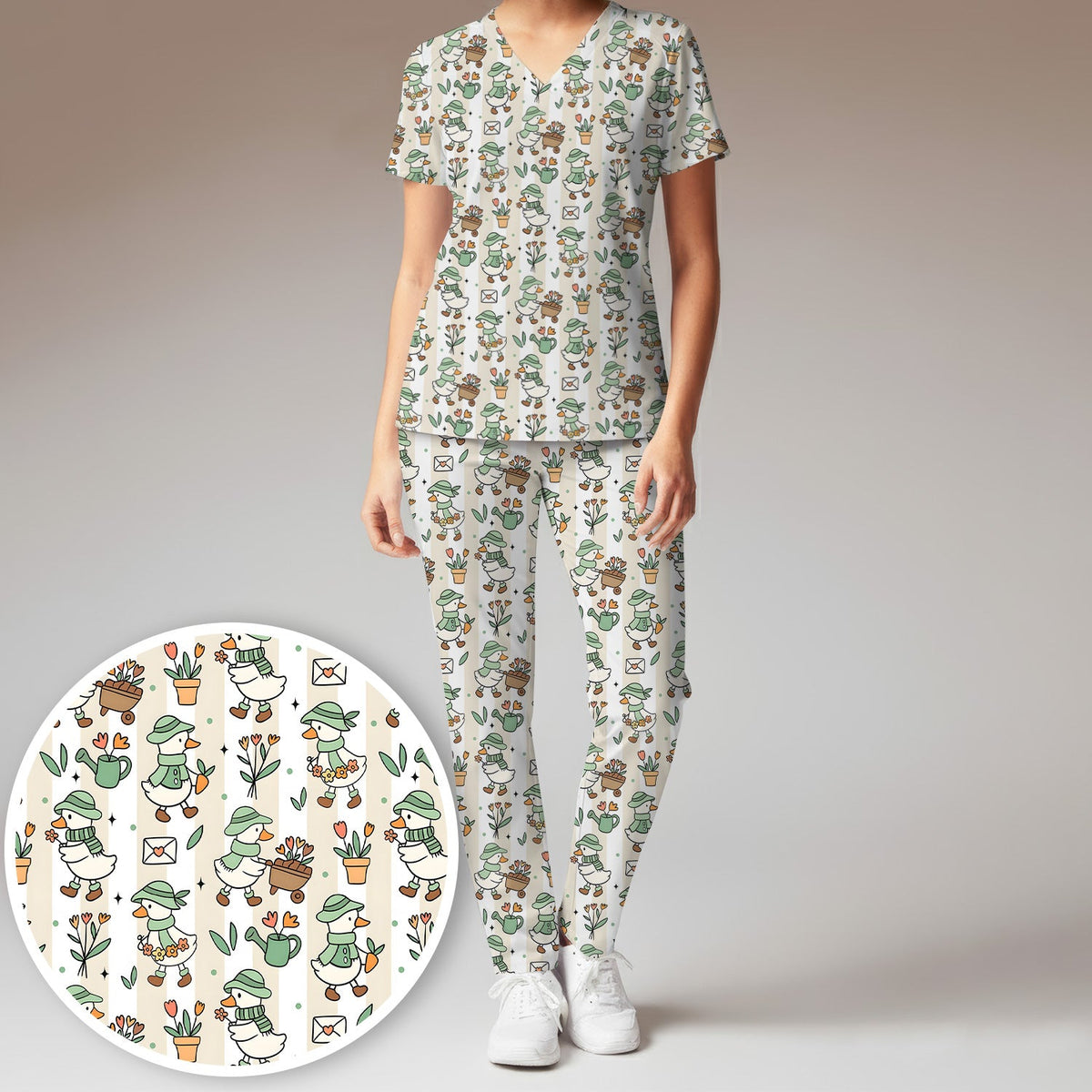 Gardening Duck Floral Nurse Scrub Set