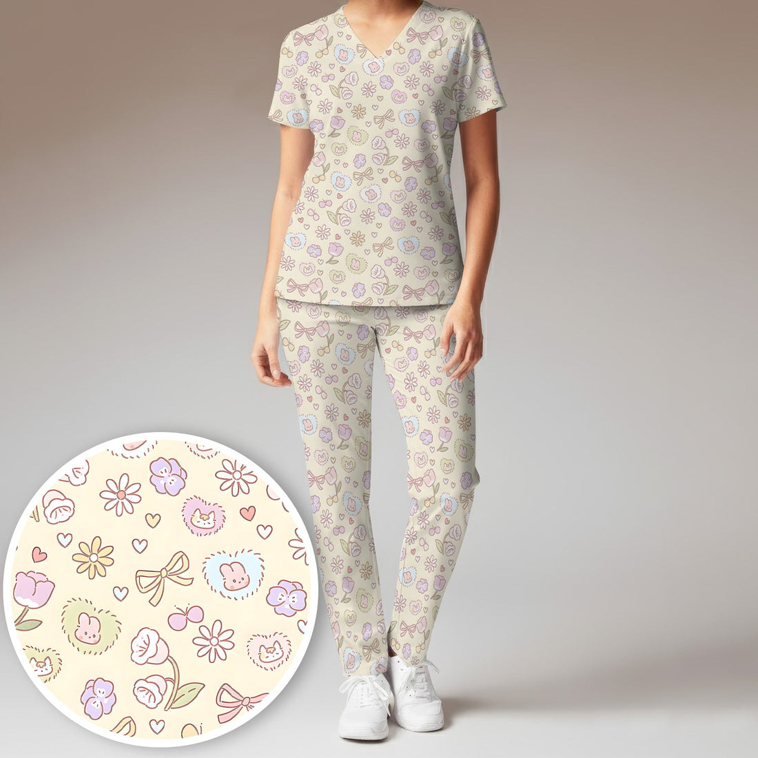 Pastel Bunny Flower Heart Nurse Scrub Set