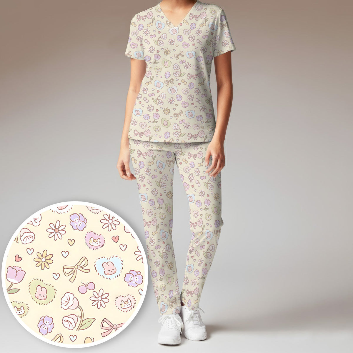 Pastel Bunny Flower Heart Nurse Scrub Set