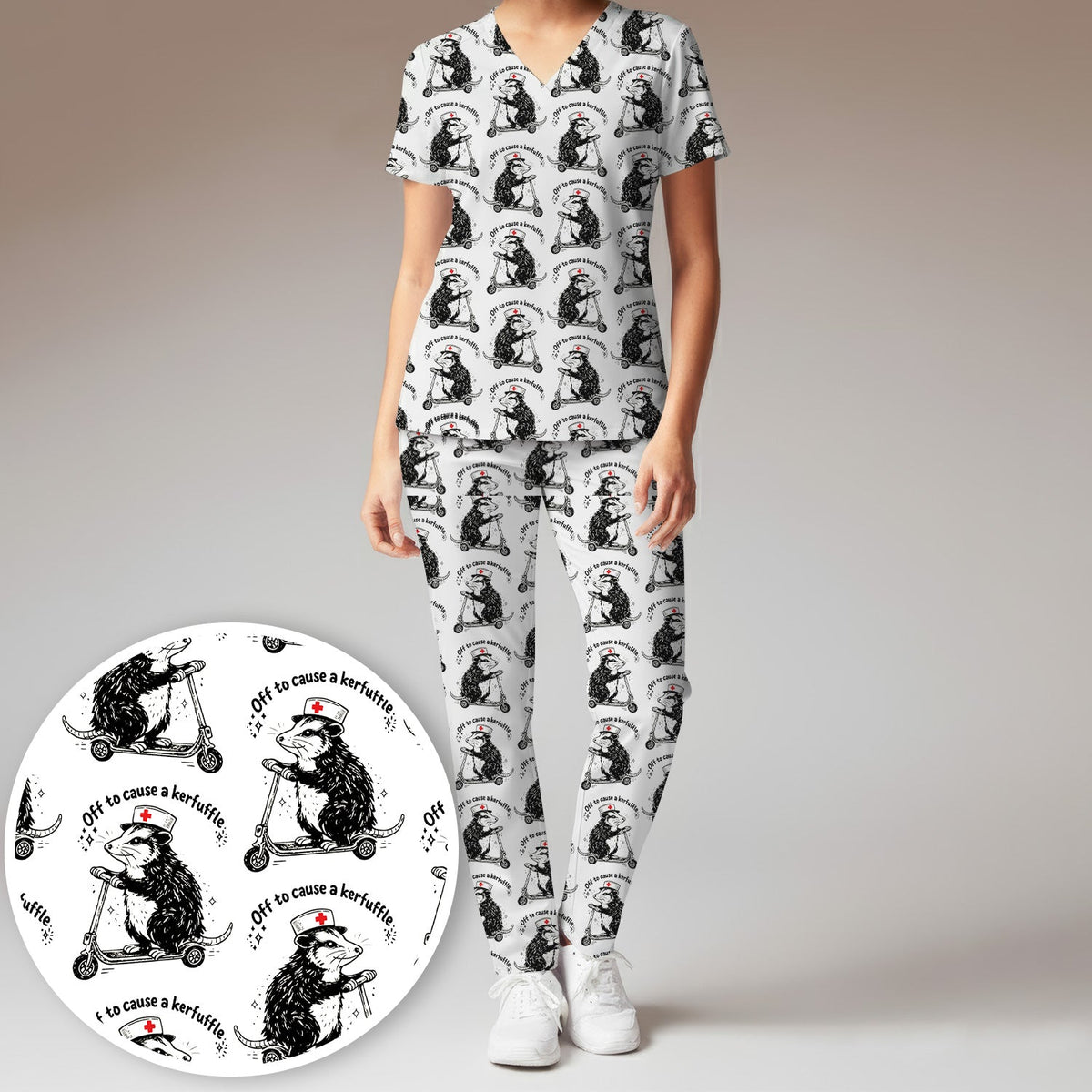 Funny Opossum Nurse Riding Scooter Pattern Scrubs Set, Breathable Med Uniform