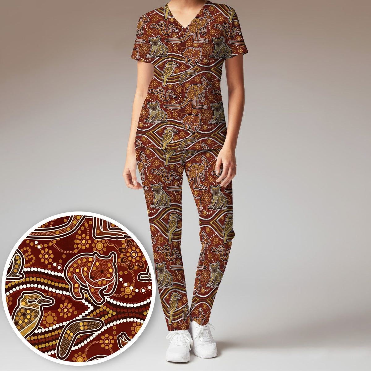 Australian Kangaroo Koala Aboriginal Nurse Scrub Set