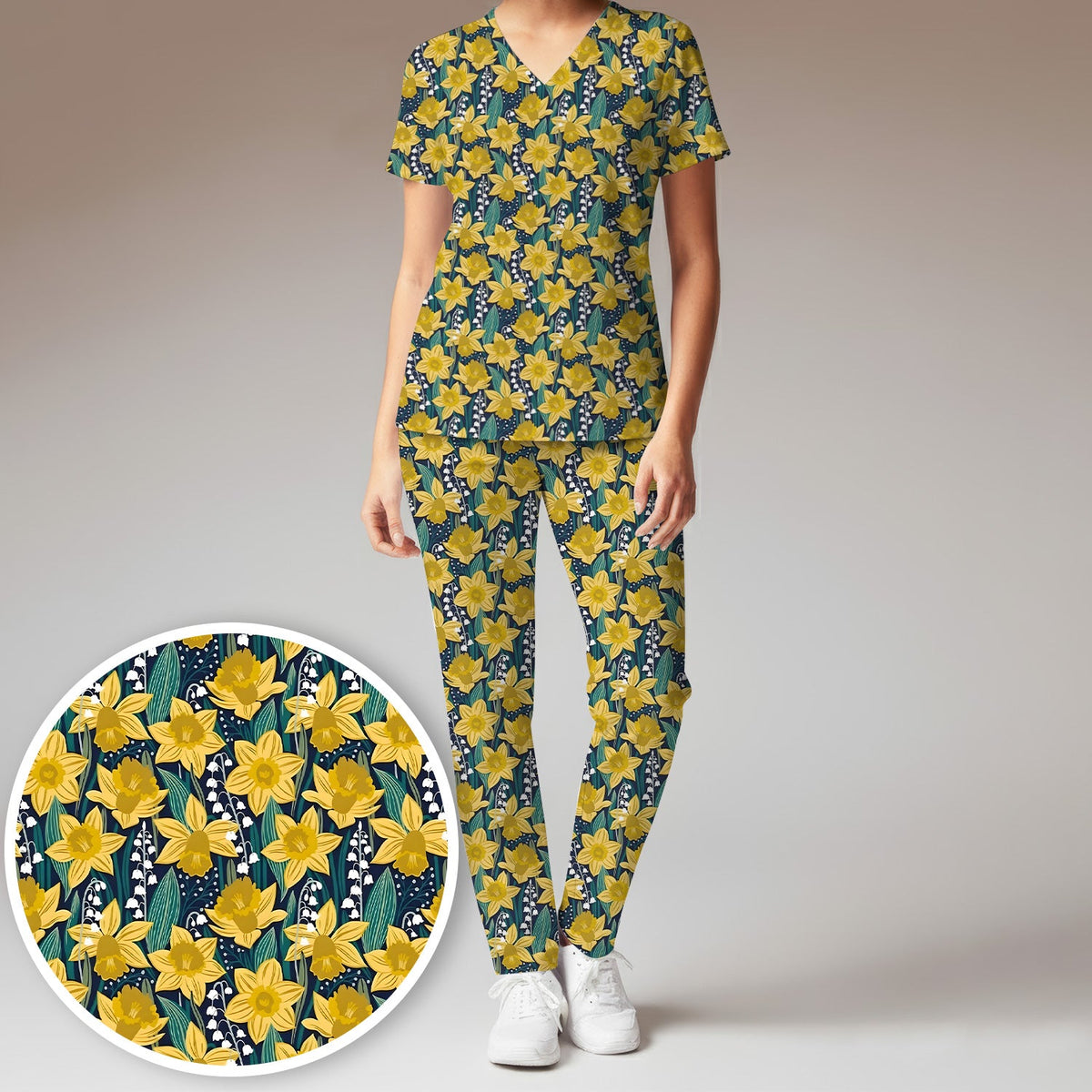 Yellow Daffodil Lily Valley Nurse Scrub Set