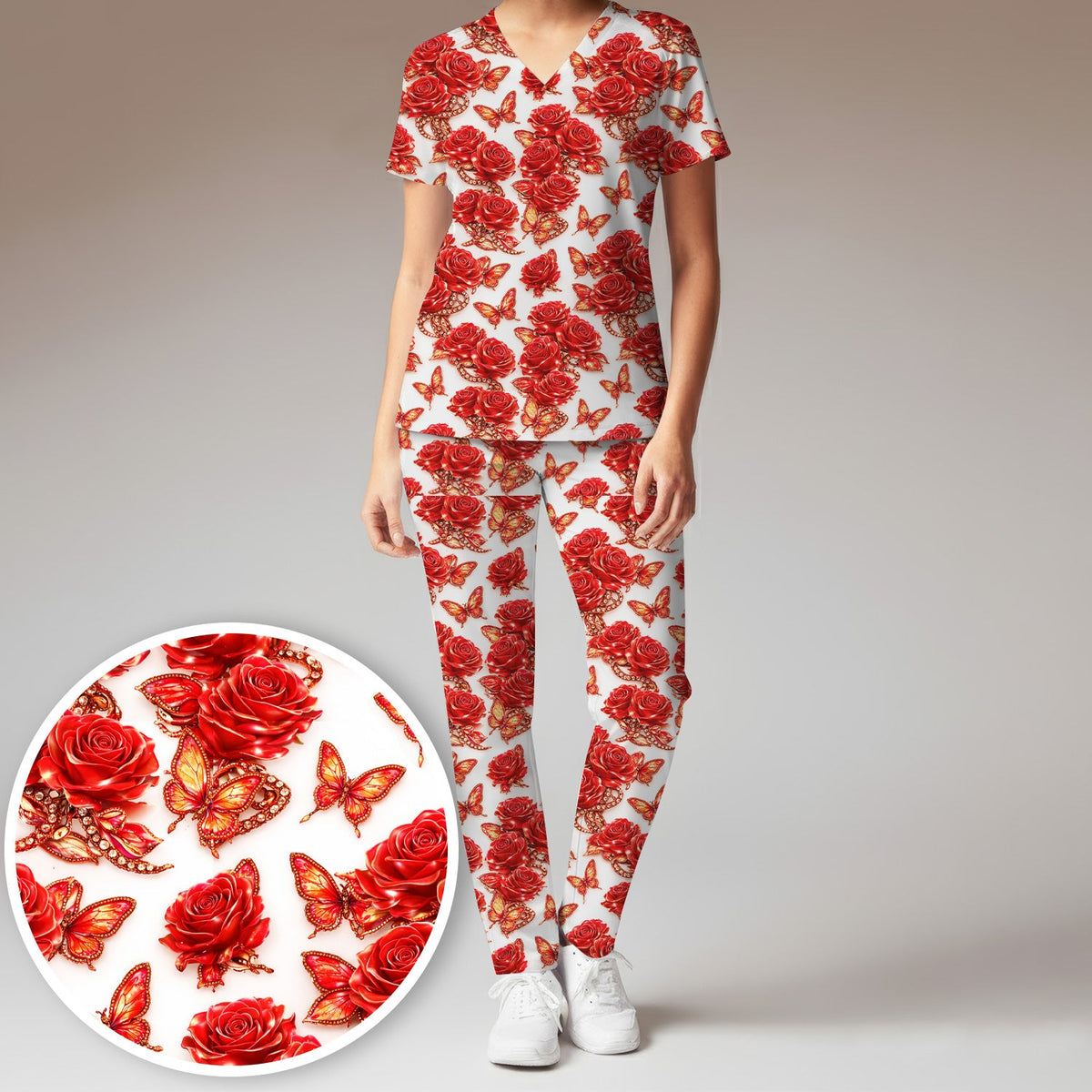 Red Rose And Butterfly Nurse Scrub Set