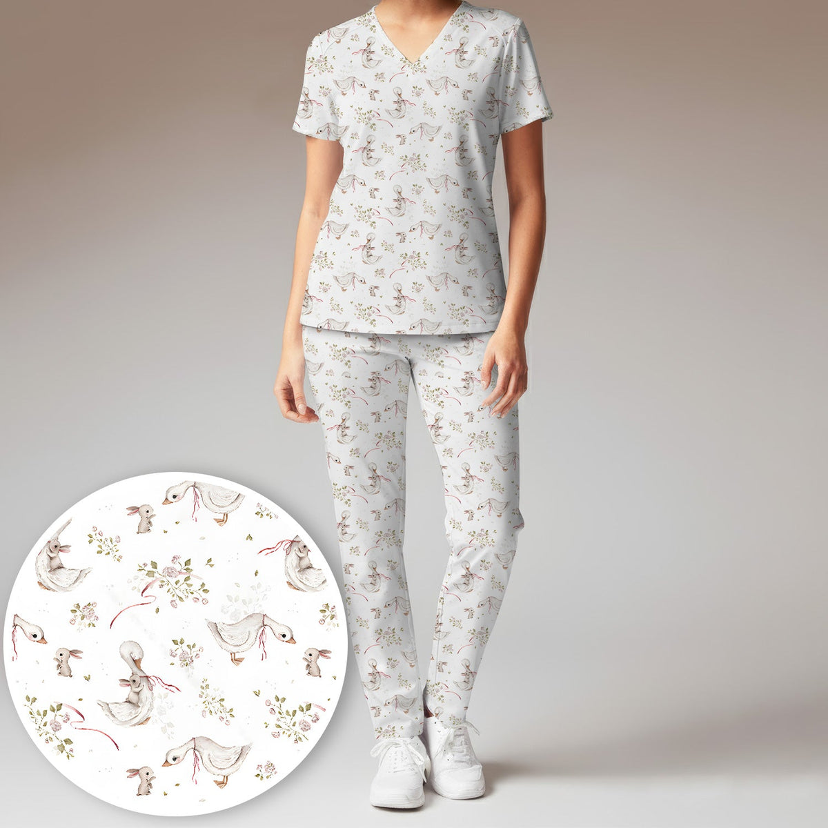 Duck Bunny Floral Nurse Scrub Set - Easter Gift