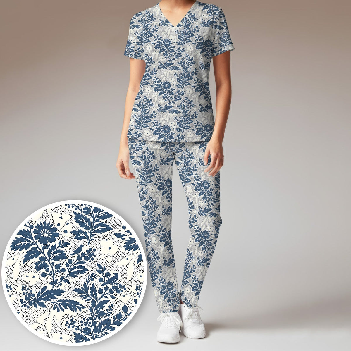 Cute Blue Floral Botanical Nurse Scrub Set