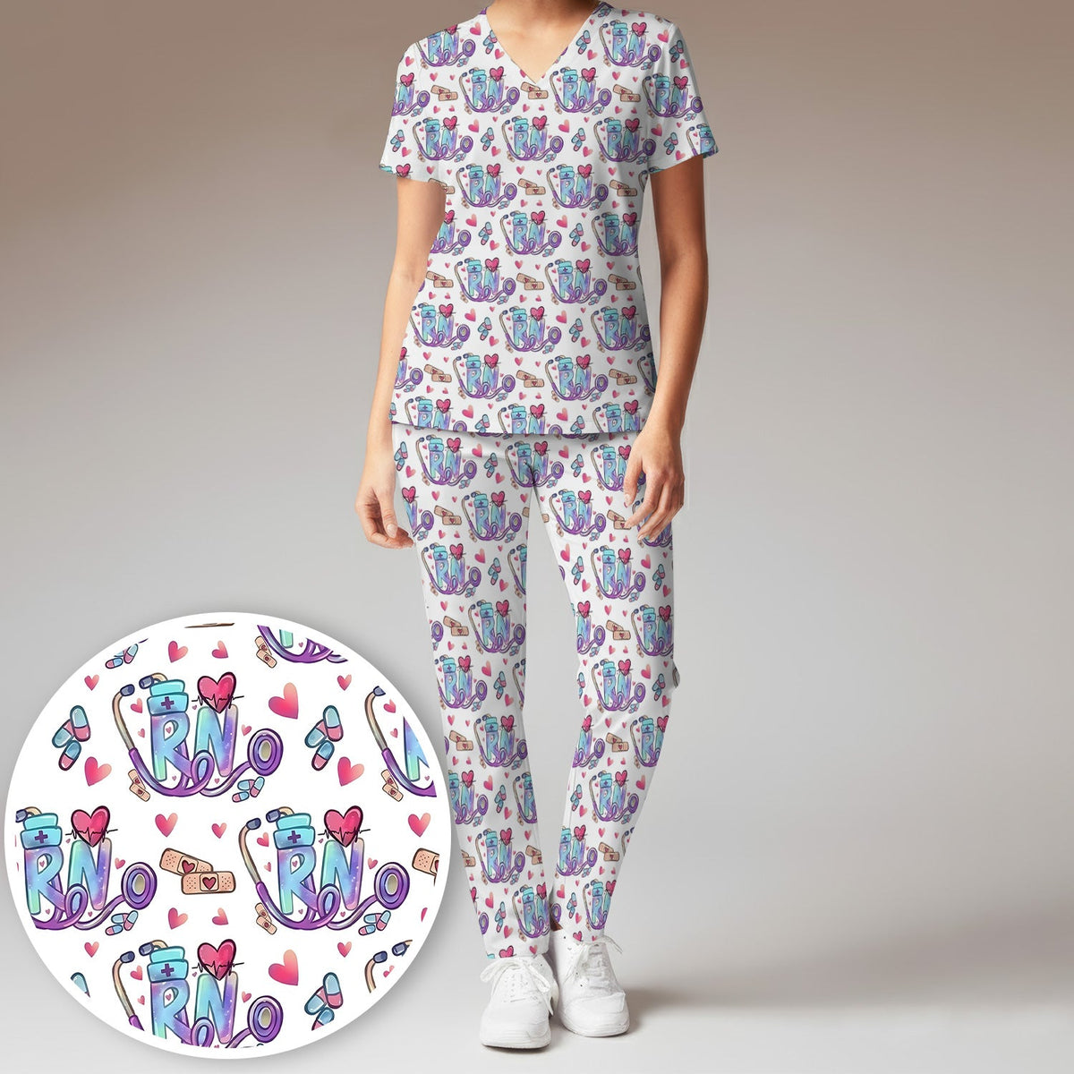 Nurse Life RN Heart Pattern Scrub Set, Scrub Pants and V Neck Top