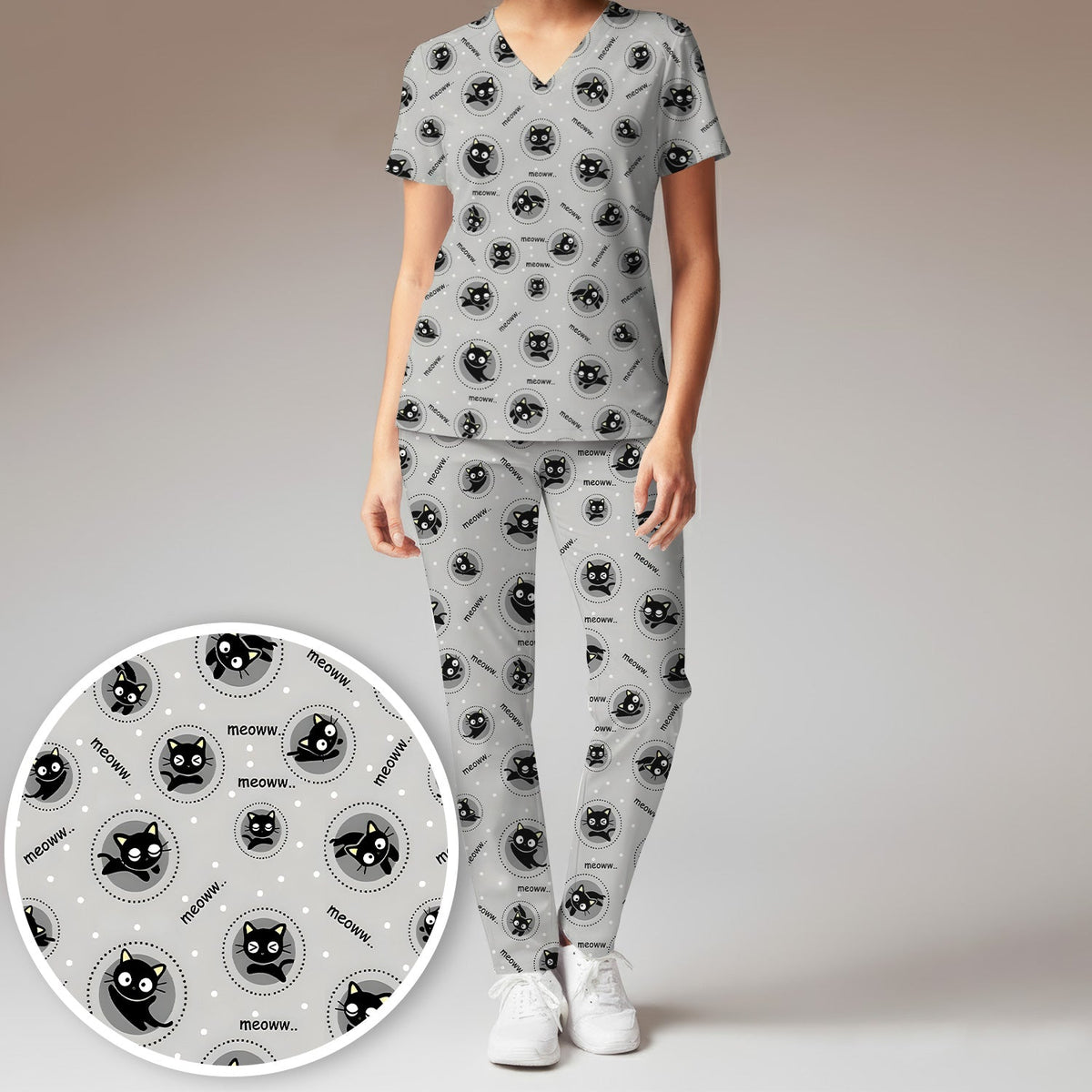 Black Cat Meow Nurse Scrub Set