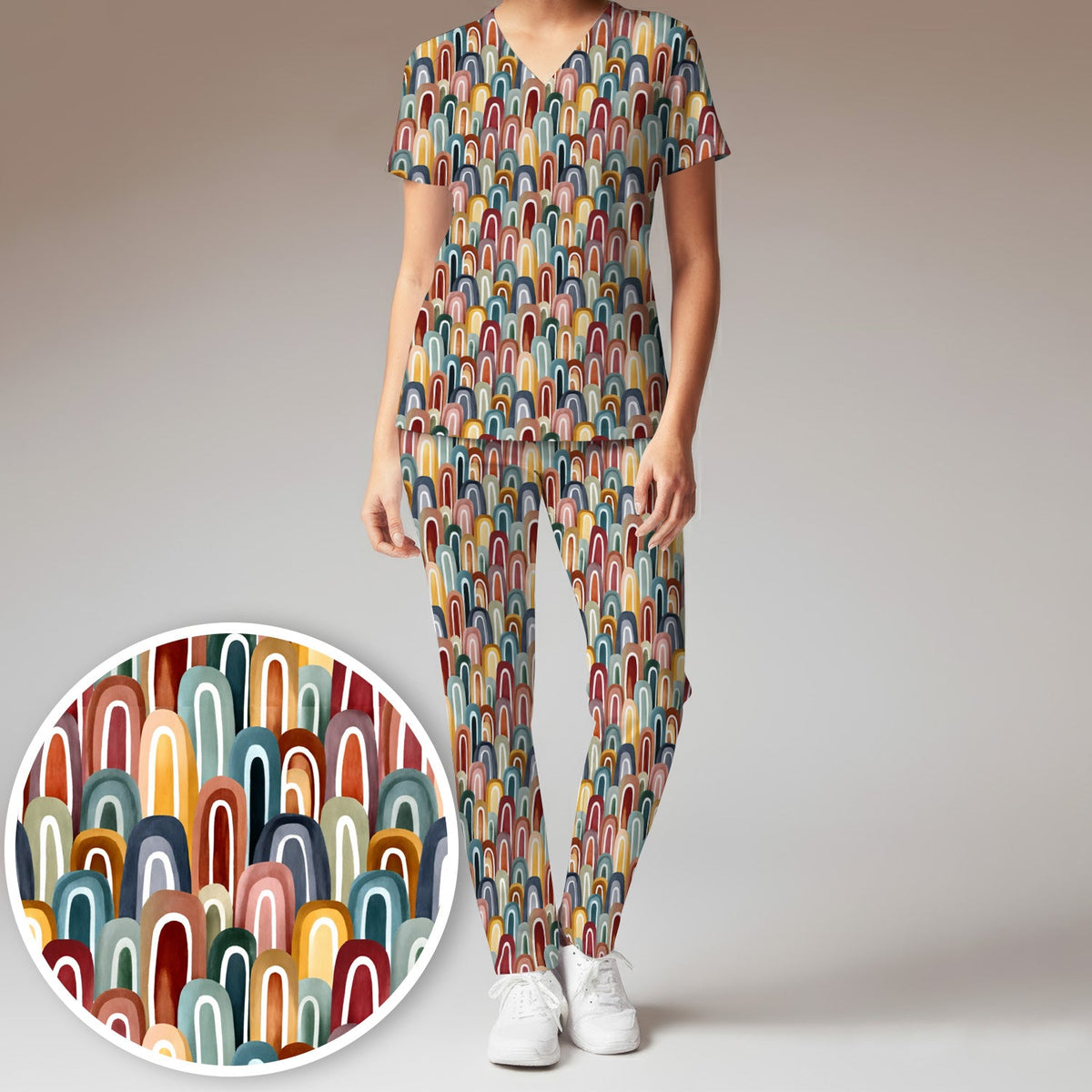 Retro Boho Rainbow Arch Nurse Scrub Set