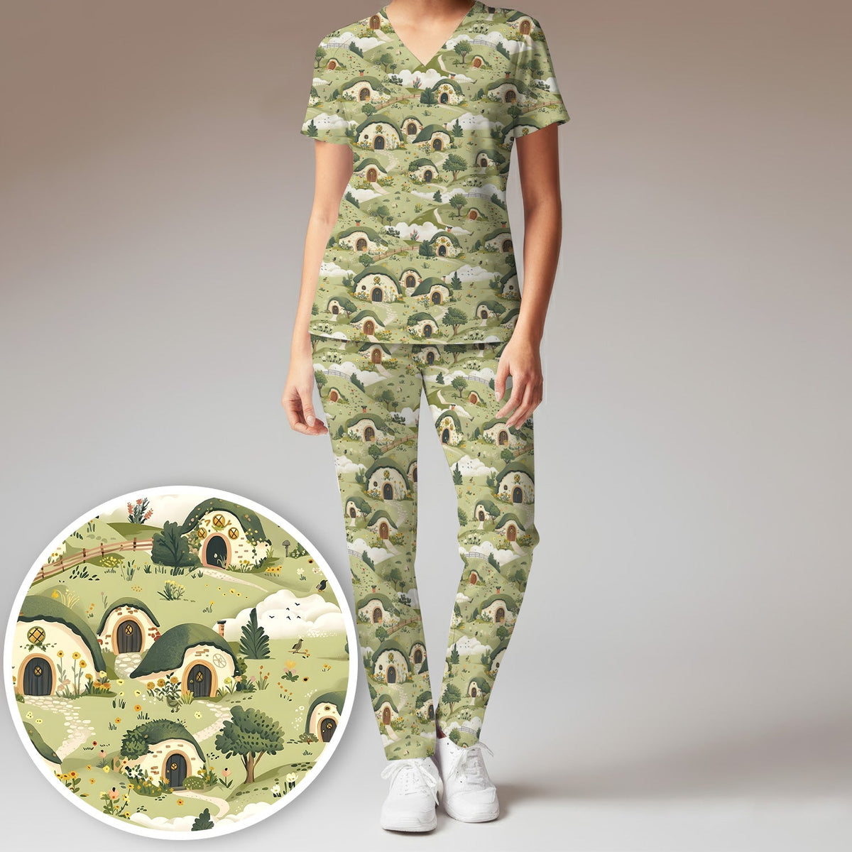 Cozy Hobbit Village Landscape Nurse Scrub Set