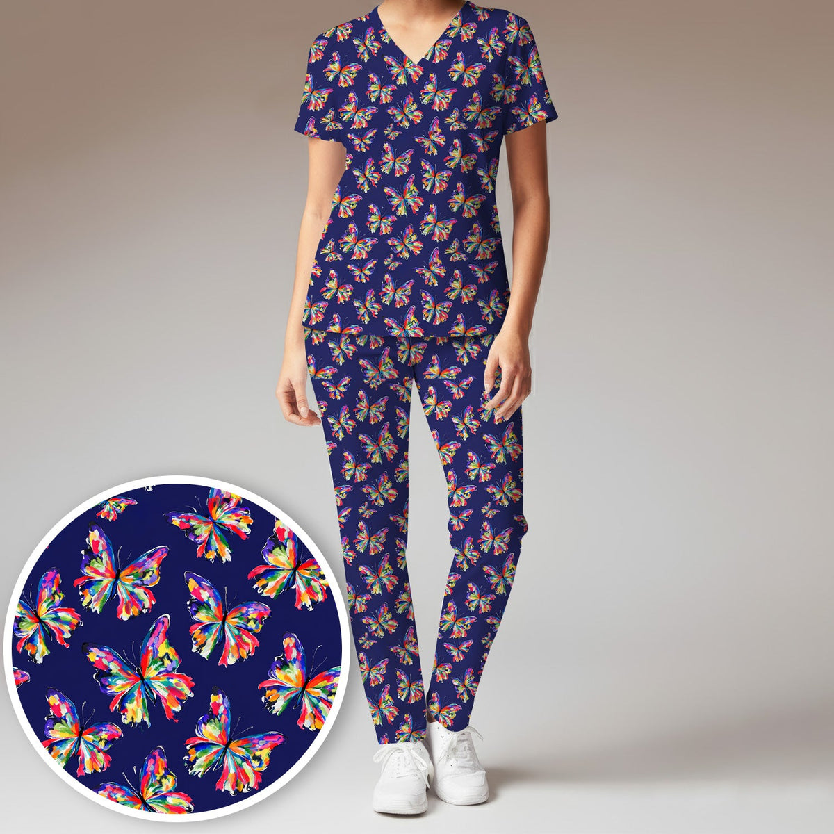 Personalized Vibrant Rainbow Butterfly Nurse Scrub Set