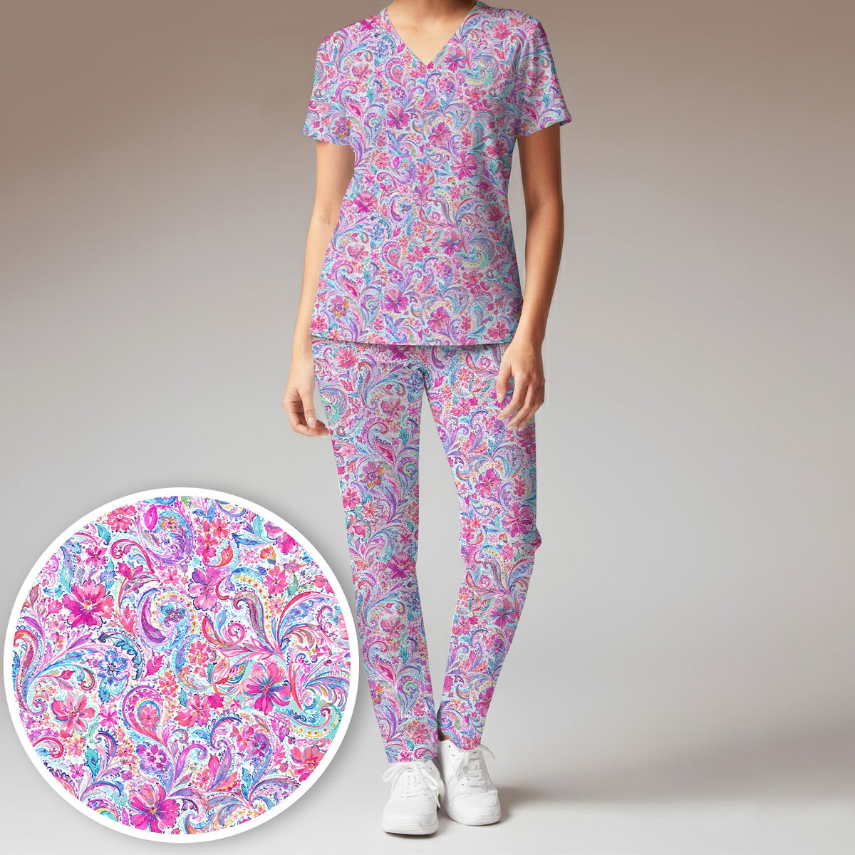 Elegant Pink Paisley Blossom Nurse Scrub Set