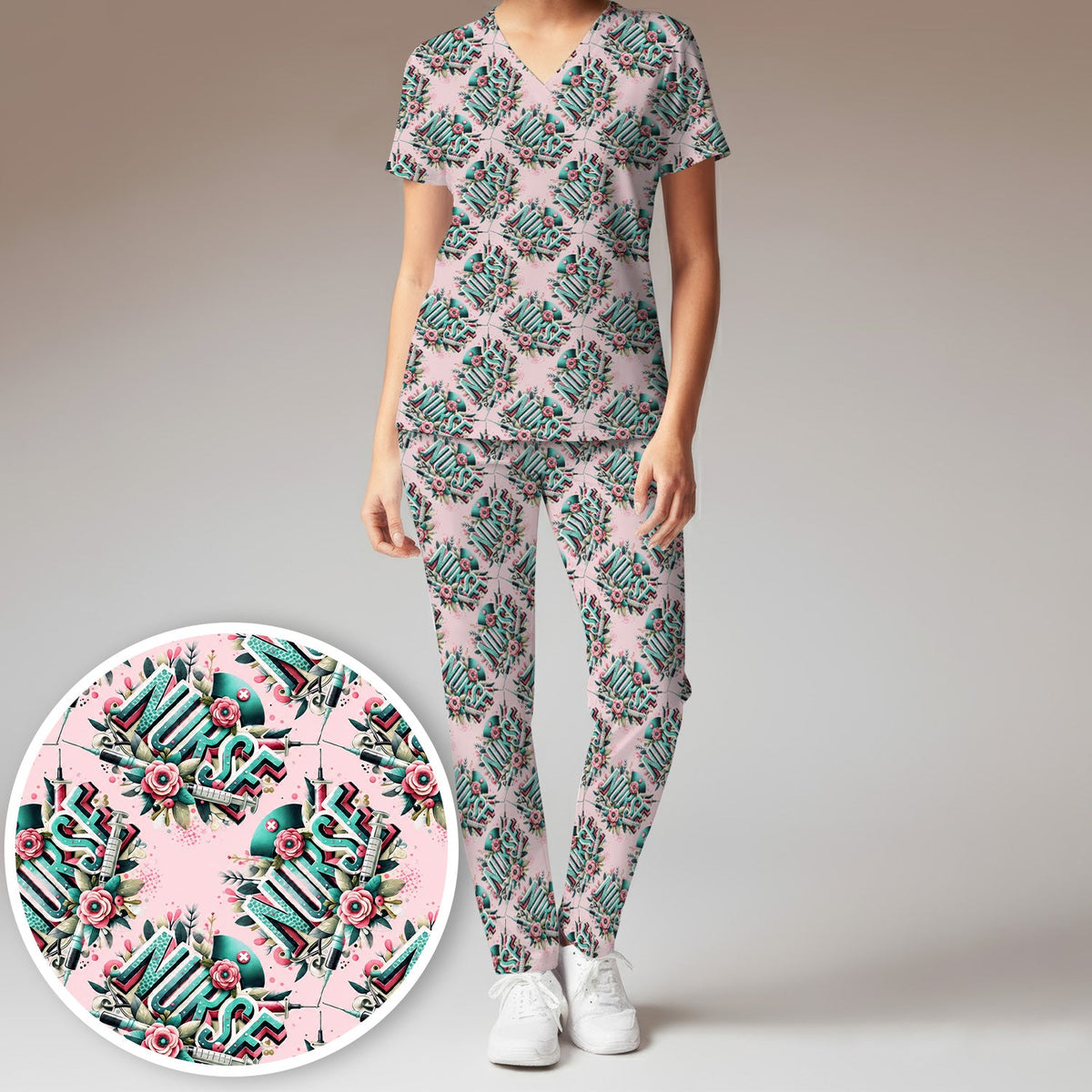 Typography Floral Nurse Scrub Set