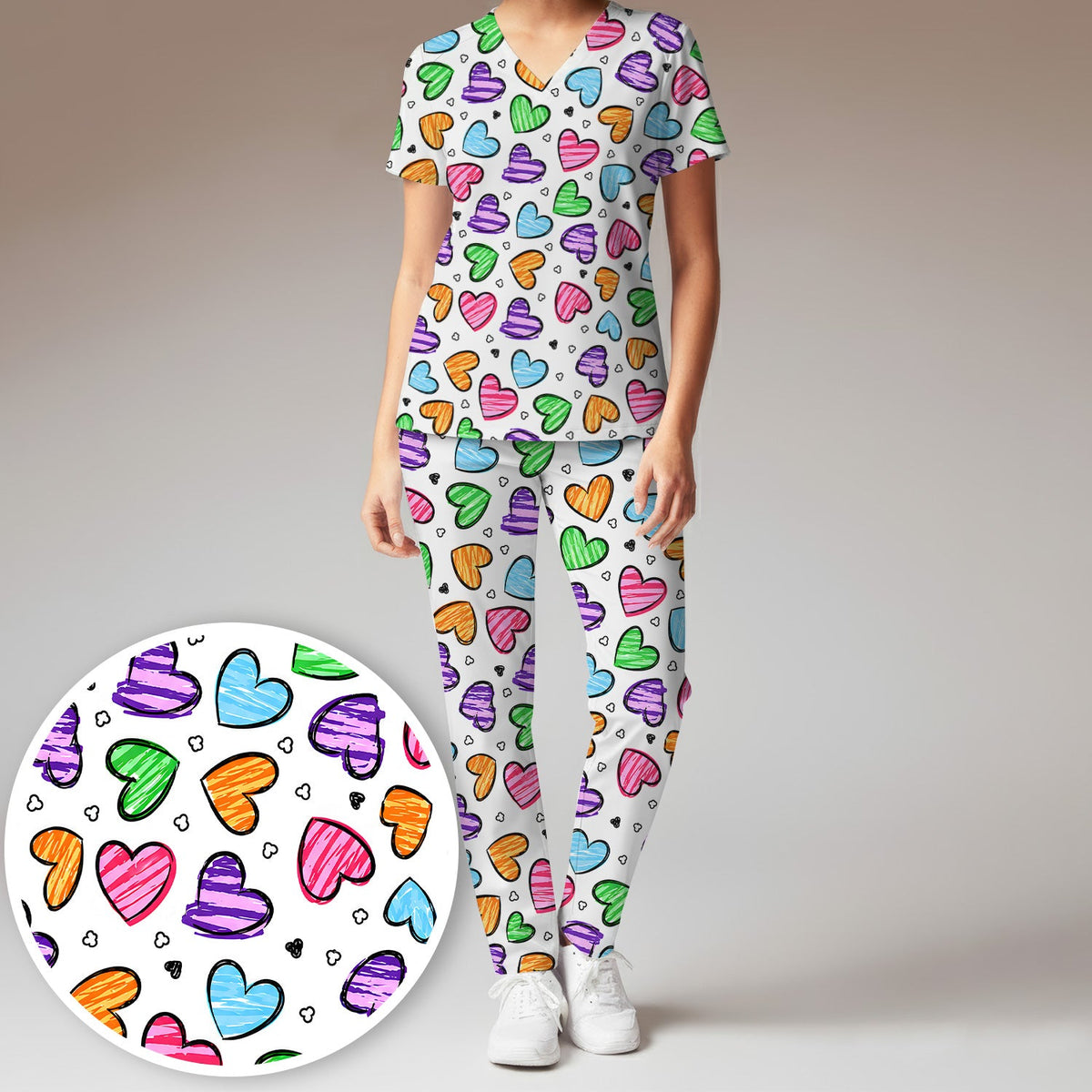Colorful Doodle Heart Nurse Scrub Set