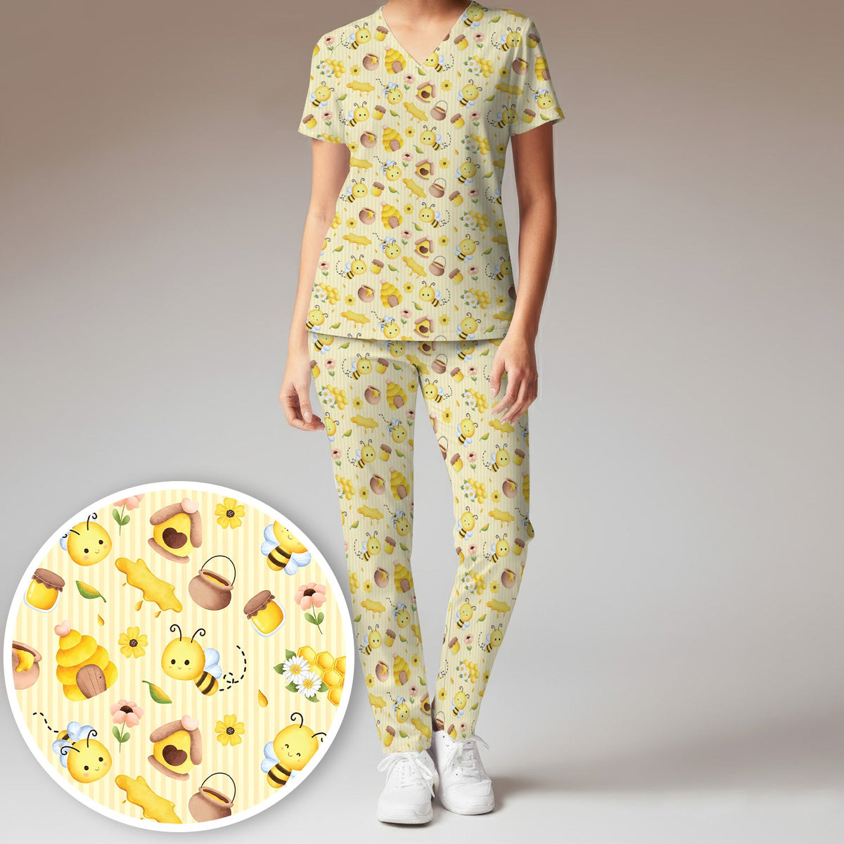 Cute Bee Honey Flower Stripe Nurse Scrub Set